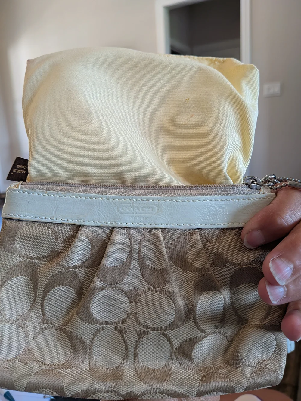 Coach Beige Signature Canvas Wristlet with White Leather Trim